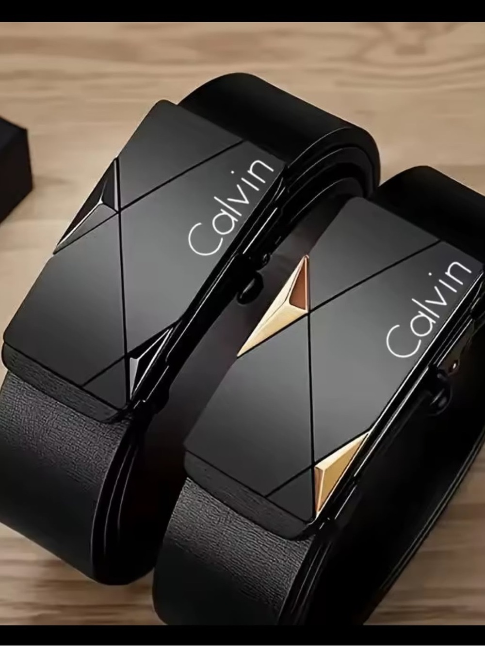 Calvin Klein Black Leather Belt with Geometric Accent Buckle